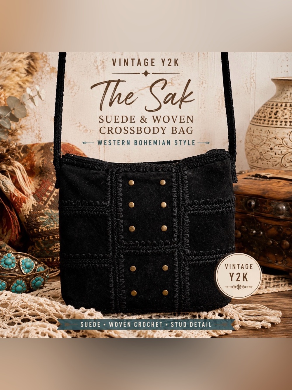 The Sak -vintage Black Suede & Woven Crossbody with Braided Trim and Brass Studs